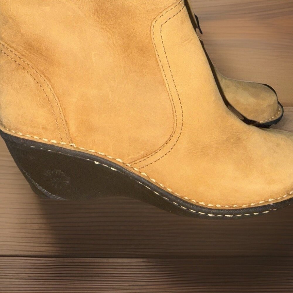 Ugg Skylar Wedge Tan Leather Back Lace Up Knit Sweater Zip Up Boot Size 7 - Picture 4 of 11